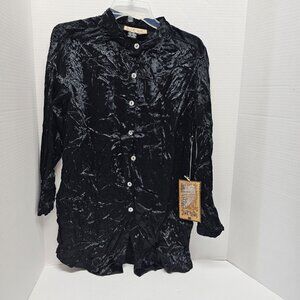 New Street Wear Button Down Shirt Tunic Dress Top Crushed Velvet Velour Black M
